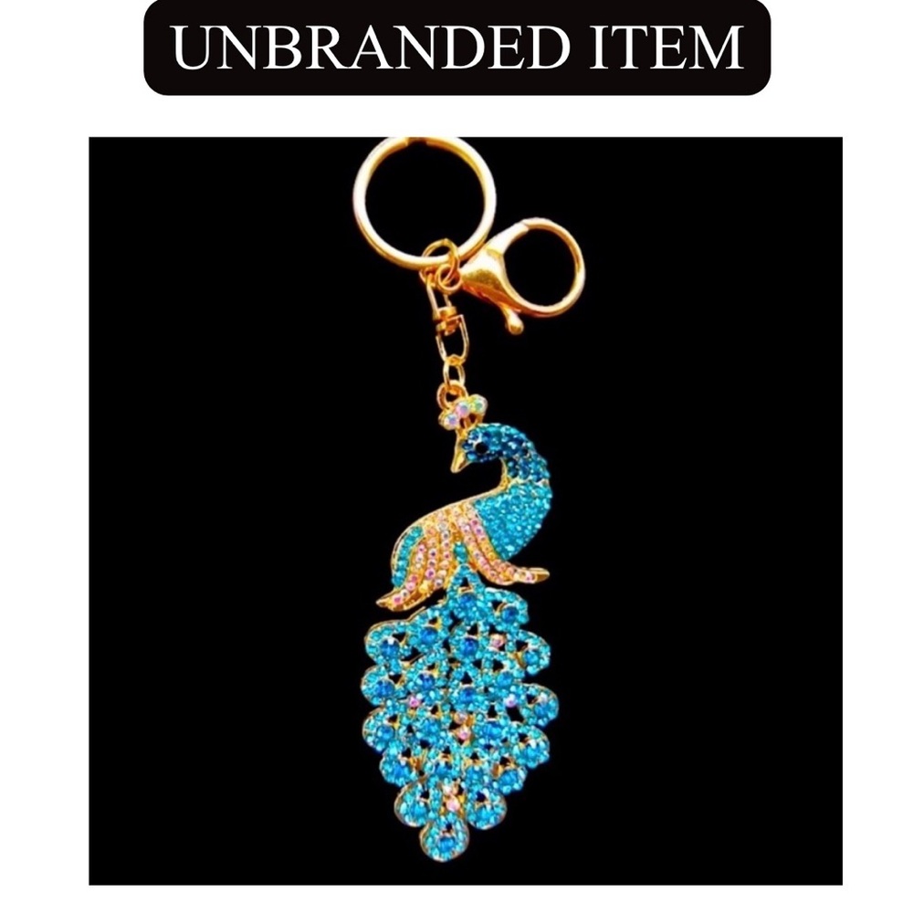 BAG CHARM/KEY CHAIN: Blue/Turquoise Rhinestone Peacock, EUC